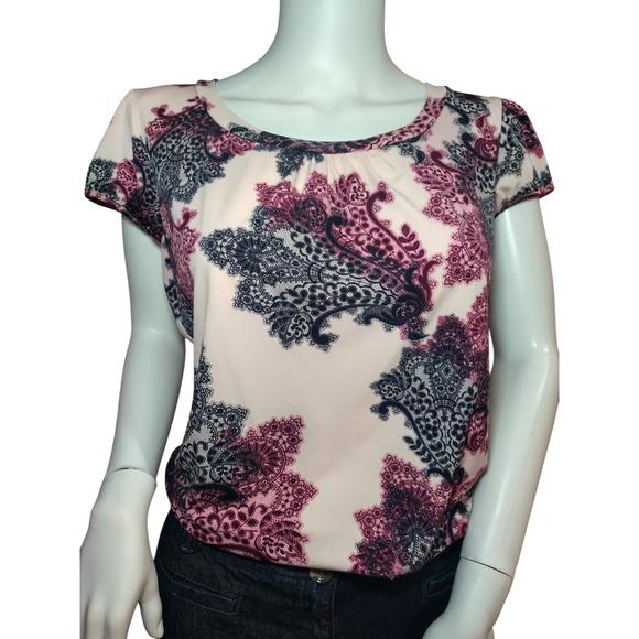 Worthington Womens Cap Sleeve Scoop neck Floral Blouse Pink Size Medium - Picture 2 of 12